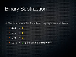 Binary Subtraction

 The four basic rules for subtracting digits are as follows:
    0-0   = 0
    1-1   = 0
    1-0   = 1
    10-1 = 1 ; 0-1 with a borrow of 1
 