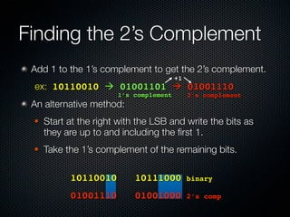 Finding the 2’s Complement
 Add 1 to the 1’s complement to get the 2’s complement.
                                        +1
 ex: 10110010  01001101  01001110
                       1’s complement        2’s complement
 An alternative method:
    Start at the right with the LSB and write the bits as
     they are up to and including the ﬁrst 1.
    Take the 1’s complement of the remaining bits.

 	 	    	   10110010!! 10111000!binary
 ! ! ! 01001110!! 01001000!2’s                   comp
 
