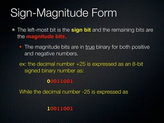 Sign-Magnitude Form
 The left-most bit is the sign bit and the remaining bits are
 the magnitude bits.
    The magnitude bits are in true binary for both positive
     and negative numbers.
 ex: the decimal number +25 is expressed as an 8-bit
   signed binary number as:
 	 	     	   	   00011001
 While the decimal number -25 is expressed as
 	   	   	   	




 	 	     	   	   10011001
 