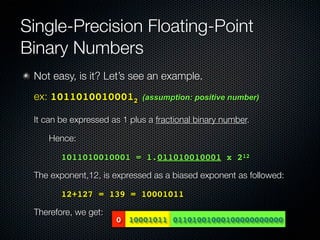 Single-Precision Floating-Point
Binary Numbers
    Not easy, is it? Let’s see an example.
	 ex: 10110100100012           (assumption: positive number)

	 It can be expressed as 1 plus a fractional binary number.
	   	   Hence:

	   	      1011010010001 = 1.011010010001 x 212

	   The exponent,12, is expressed as a biased exponent as followed:

	   	      12+127 = 139 = 10001011

	   Therefore, we get:
                         0 10001011 01101001000100000000000
 