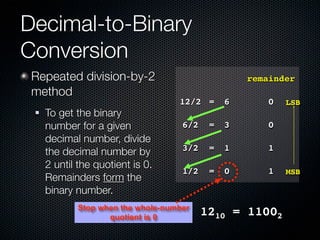 Decimal-to-Binary
Conversion
 Repeated division-by-2                            remainder
 method
                                   12/2 =      6       0   LSB
    To get the binary
     number for a given             6/2    =   3       0
     decimal number, divide
     the decimal number by          3/2    =   1       1
     2 until the quotient is 0.
                                    1/2    =   0       1   MSB
     Remainders form the
     binary number.
            Stop when the whole-number
                   quotient is 0
                                          1210 = 11002
 