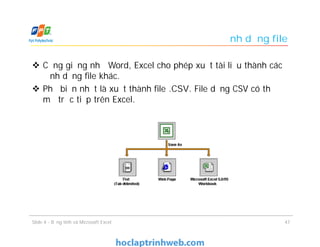  Cũng giống như Word, Excel cho phép xuất tài liệu thành các
định dạng file khác.
 Phổ biến nhất là xuất thành file .CSV. File dạng CSV có thể
mở trực tiếp trên Excel.
Định dạng file
47Slide 4 - Bảng tính và Microsoft Excel
 
