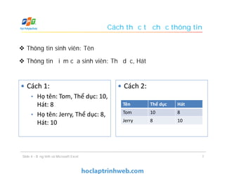 Cách thức tổ chức thông tin
 Thông tin sinh viên: Tên
 Thông tin điểm của sinh viên: Thể dục, Hát
 Cách 1:
• Họ tên: Tom, Thể dục: 10,
Hát: 8
• Họ tên: Jerry, Thể dục: 8,
Hát: 10
 Cách 2:
Tên Thể dục Hát
Tom 10 8
Jerry 8 10
7Slide 4 - Bảng tính và Microsoft Excel
 