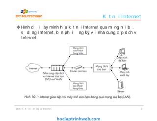 Kết nối Internet
 Hình dưới đây minh họa kết nối Internet qua mạng nội bộ. Để
sử dụng Internet, bạn phải đăng ký với nhà cung cấp dịch vụ
Internet
3Slide 4 - Kết nối mạng và Internet
 