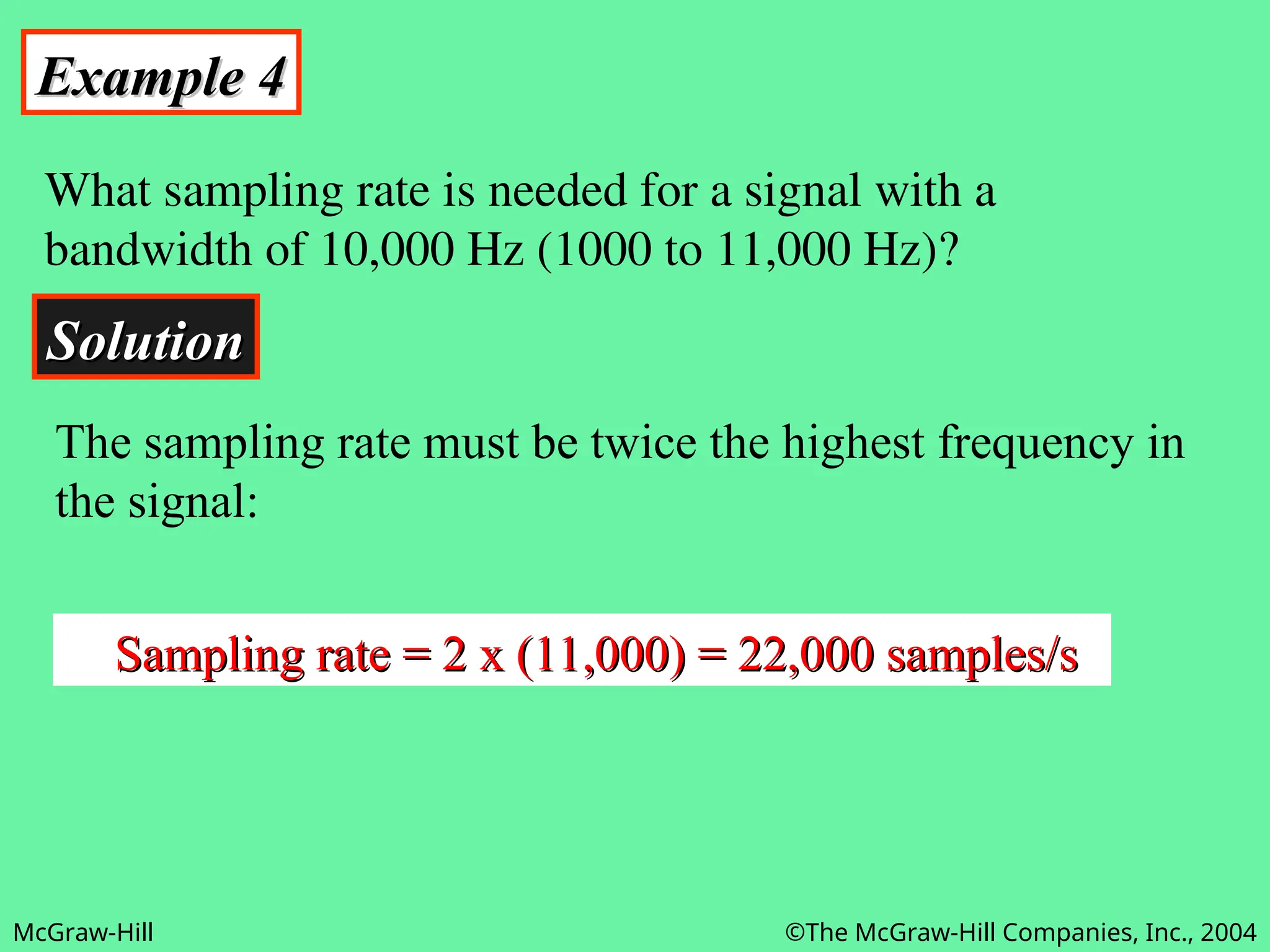 McGraw-Hill ©The McGraw-Hill Companies, Inc., 2004
Example 4
Example 4
What sampling rate is needed for a signal with a
bandwidth of 10,000 Hz (1000 to 11,000 Hz)?
Solution
Solution
The sampling rate must be twice the highest frequency in
the signal:
Sampling rate = 2 x (11,000) = 22,000 samples/s
Sampling rate = 2 x (11,000) = 22,000 samples/s
 