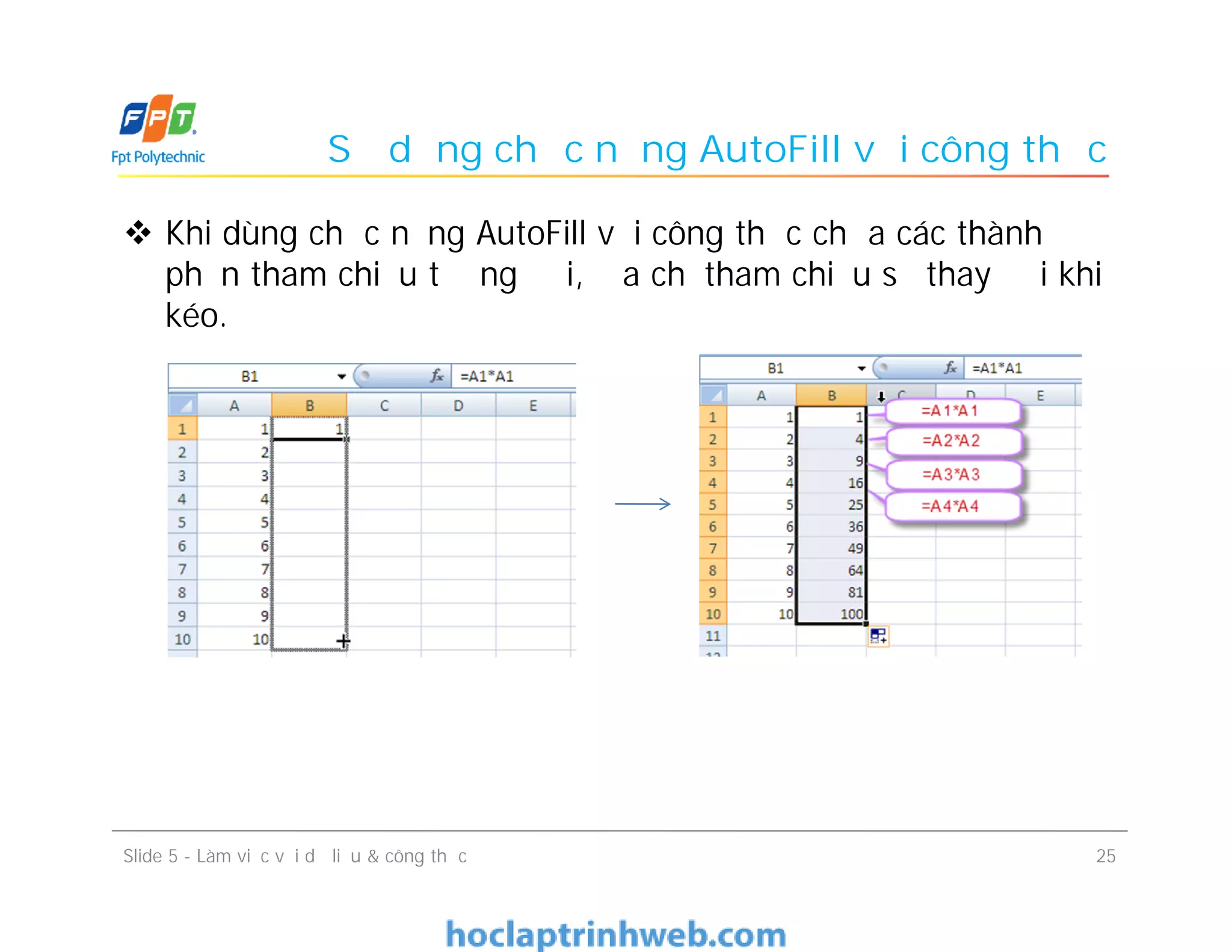 Sử dụng chức năng AutoFill với công thức
 Khi dùng chức năng AutoFill với công thức chứa các thành
phần tham chiếu tương đối, địa chỉ tham chiếu sẽ thay đổi khi
kéo.
Slide 5 - Làm việc với dữ liệu & công thức 25
 