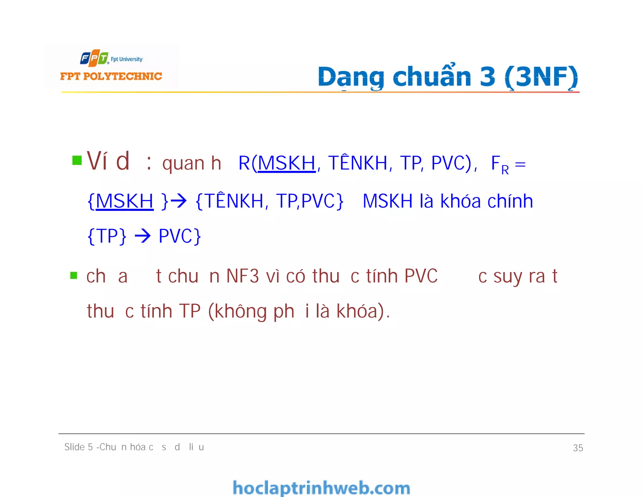 Ví dụ: quan hệ R(MSKH, TÊNKH, TP, PVC), FR =
{MSKH } {TÊNKH, TP,PVC} MSKH là khóa chính
{TP}  PVC}
chưa đạt chuẩn NF3 vì có thuộc tính PVC được suy ra từ
thuộc tính TP (không phải là khóa).
Dạng chuẩn 3 (3NF)
Ví dụ: quan hệ R(MSKH, TÊNKH, TP, PVC), FR =
{MSKH } {TÊNKH, TP,PVC} MSKH là khóa chính
{TP}  PVC}
chưa đạt chuẩn NF3 vì có thuộc tính PVC được suy ra từ
thuộc tính TP (không phải là khóa).
Slide 5 -Chuẩn hóa cơ sở dữ liệu 35
 