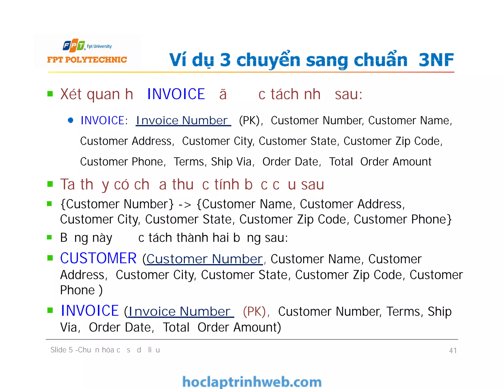 Xét quan hệ INVOICE đã được tách như sau:
INVOICE: Invoice Number (PK), Customer Number, Customer Name,
Customer Address, Customer City, Customer State, Customer Zip Code,
Customer Phone, Terms, Ship Via, Order Date, Total Order Amount
Ta thấy có chứa thuộc tính bắc cầu sau
{Customer Number} -> {Customer Name, Customer Address,
Customer City, Customer State, Customer Zip Code, Customer Phone}
Bảng này được tách thành hai bảng sau:
CUSTOMER (Customer Number, Customer Name, Customer
Address, Customer City, Customer State, Customer Zip Code, Customer
Phone )
INVOICE (Invoice Number (PK), Customer Number, Terms, Ship
Via, Order Date, Total Order Amount)
Ví dụ 3 chuyển sang chuẩn 3NF
Xét quan hệ INVOICE đã được tách như sau:
INVOICE: Invoice Number (PK), Customer Number, Customer Name,
Customer Address, Customer City, Customer State, Customer Zip Code,
Customer Phone, Terms, Ship Via, Order Date, Total Order Amount
Ta thấy có chứa thuộc tính bắc cầu sau
{Customer Number} -> {Customer Name, Customer Address,
Customer City, Customer State, Customer Zip Code, Customer Phone}
Bảng này được tách thành hai bảng sau:
CUSTOMER (Customer Number, Customer Name, Customer
Address, Customer City, Customer State, Customer Zip Code, Customer
Phone )
INVOICE (Invoice Number (PK), Customer Number, Terms, Ship
Via, Order Date, Total Order Amount)
Slide 5 -Chuẩn hóa cơ sở dữ liệu 41
 