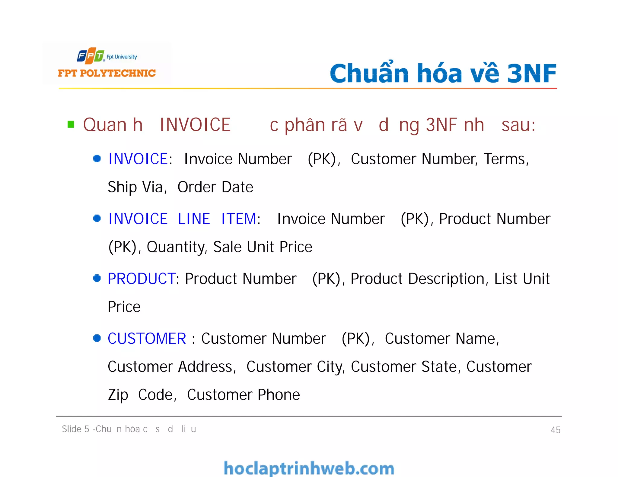 Quan hệ INVOICE được phân rã về dạng 3NF như sau:
INVOICE: Invoice Number (PK), Customer Number, Terms,
Ship Via, Order Date
INVOICE LINE ITEM: Invoice Number (PK), Product Number
(PK), Quantity, Sale Unit Price
PRODUCT: Product Number (PK), Product Description, List Unit
Price
CUSTOMER : Customer Number (PK), Customer Name,
Customer Address, Customer City, Customer State, Customer
Zip Code, Customer Phone
Chuẩn hóa về 3NF
Quan hệ INVOICE được phân rã về dạng 3NF như sau:
INVOICE: Invoice Number (PK), Customer Number, Terms,
Ship Via, Order Date
INVOICE LINE ITEM: Invoice Number (PK), Product Number
(PK), Quantity, Sale Unit Price
PRODUCT: Product Number (PK), Product Description, List Unit
Price
CUSTOMER : Customer Number (PK), Customer Name,
Customer Address, Customer City, Customer State, Customer
Zip Code, Customer Phone
Slide 5 -Chuẩn hóa cơ sở dữ liệu 45
 