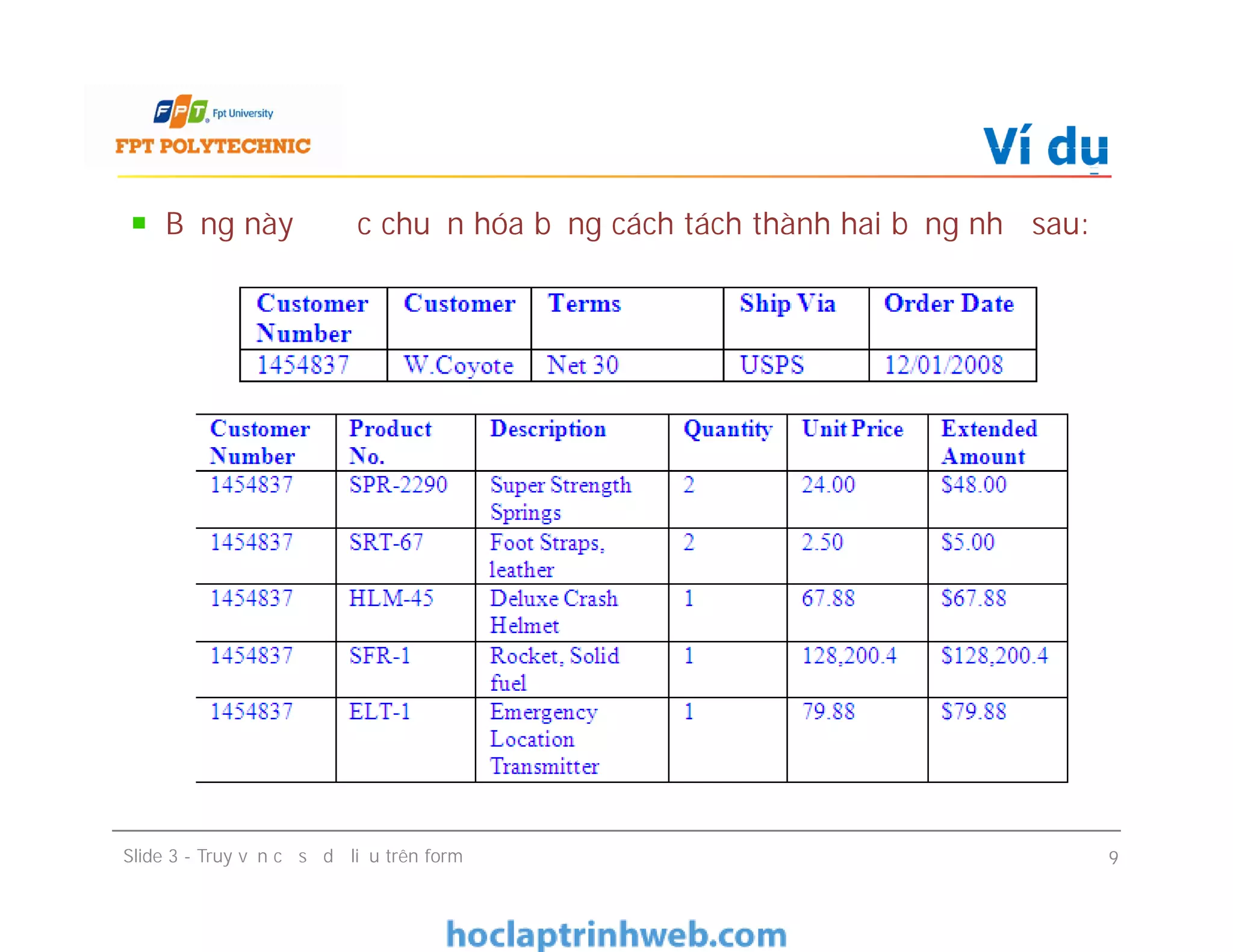 Bảng này được chuẩn hóa bằng cách tách thành hai bảng như sau:
Ví dụ
Slide 3 - Truy vấn cơ sở dữ liệu trên form 9
 