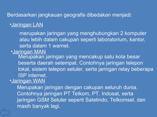 Berdasarkan jangkauan geografis dibedakan menjadi:
•Jaringan LAN
merupakan jaringan yang menghubungkan 2 komputer
atau lebih dalam cakupan seperti laboratorium, kantor,
serta dalam 1 warnet.
•Jaringan MAN
Merupakan jaringan dengan cakupan seluruh dunia.
Contohnya jaringan PT Telkom, PT. Indosat, serta
jaringan GSM Seluler seperti Satelindo, Telkomsel, dan
masih banyak lagi.
Merupakan jaringan yang mencakup satu kota besar
beserta daerah setempat. Contohnya jaringan telepon
lokal, sistem telepon seluler, serta jaringan relay beberapa
ISP internet.
•Jaringan WAN
 