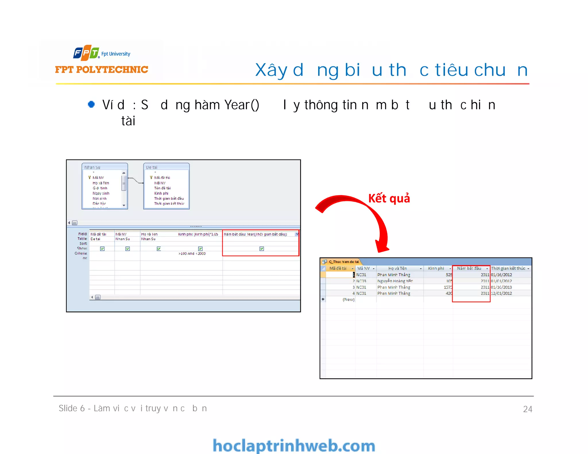 Ví dụ: Sử dụng hàm Year() để lấy thông tin năm bắt đầu thực hiện
đề tài
Xây dựng biểu thức tiêu chuẩn
Kết quả
Slide 6 - Làm việc với truy vấn cơ bản 24
 