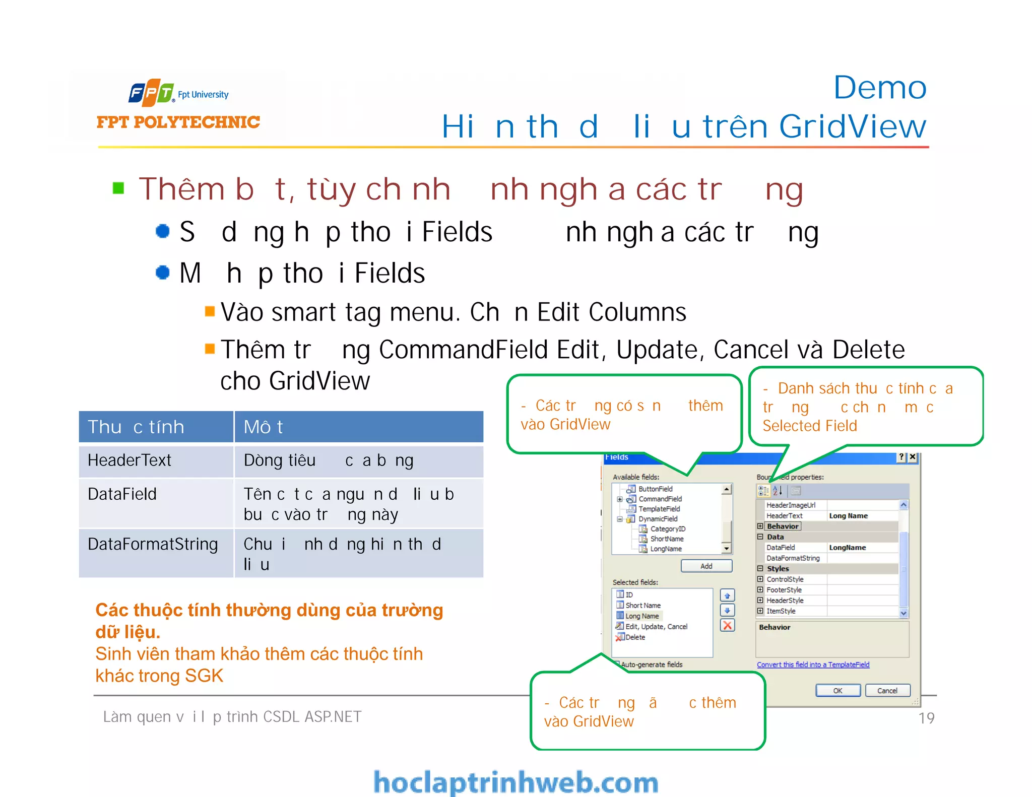 Thêm bớt, tùy chỉnh định nghĩa các trường
Sử dụng hộp thoại Fields để định nghĩa các trường
Mở hộp thoại Fields
Vào smart tag menu. Chọn Edit Columns
Thêm trường CommandField Edit, Update, Cancel và Delete
cho GridView
Demo
Hiển thị dữ liệu trên GridView
- Các trường có sẵn để thêm
vào GridView
- Danh sách thuộc tính của
trường được chọn ở mục
Selected Field
Làm quen với lập trình CSDL ASP.NET 19
- Các trường có sẵn để thêm
vào GridView
- Danh sách thuộc tính của
trường được chọn ở mục
Selected Field
- Các trường đã được thêm
vào GridView
Thuộc tính Mô tả
HeaderText Dòng tiêu đề của bảng
DataField Tên cột của nguồn dữ liệu bị
buộc vào trường này
DataFormatString Chuỗi định dạng hiển thị dữ
liệu
Các thuộc tính thường dùng của trường
dữ liệu.
Sinh viên tham khảo thêm các thuộc tính
khác trong SGK
 