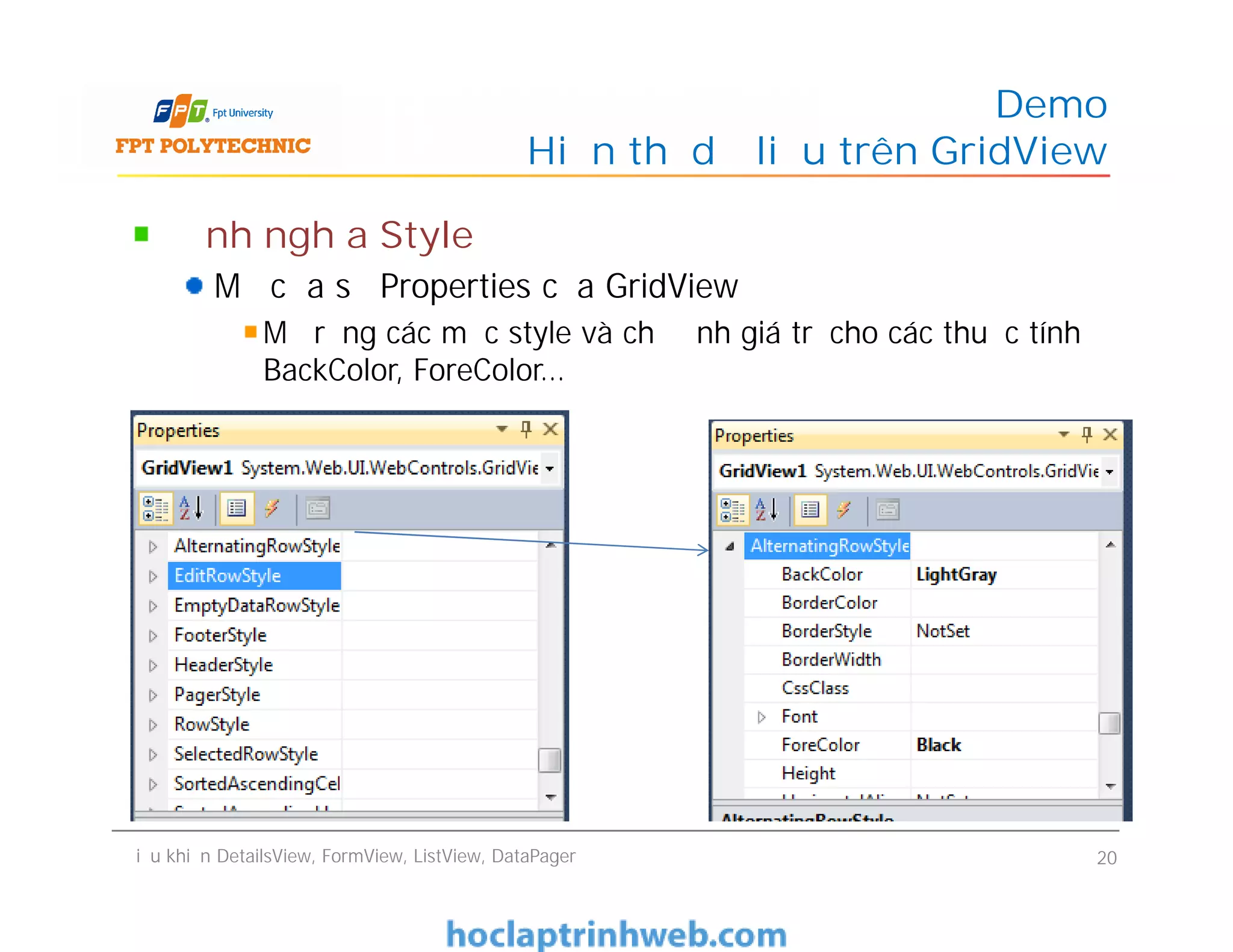 Định nghĩa Style
Mở cửa sổ Properties của GridView
Mở rộng các mục style và chỉ định giá trị cho các thuộc tính
BackColor, ForeColor…
Demo
Hiển thị dữ liệu trên GridView
Điều khiển DetailsView, FormView, ListView, DataPager 20
 