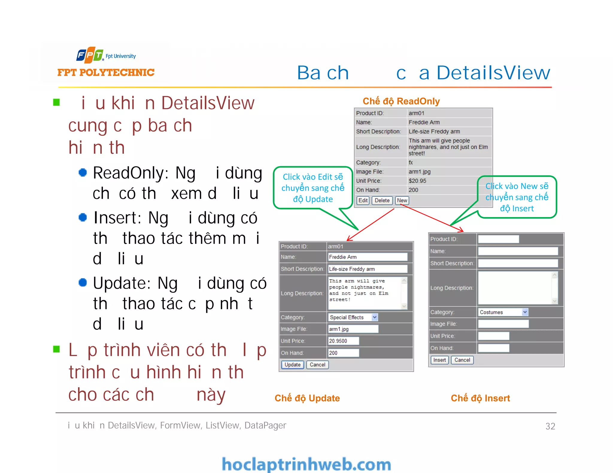 Điều khiển DetailsView
cung cấp ba chế độ
hiển thị
ReadOnly: Người dùng
chỉ có thể xem dữ liệu
Insert: Người dùng có
thể thao tác thêm mới
dữ liệu
Update: Người dùng có
thể thao tác cập nhật
dữ liệu
Lập trình viên có thể lập
trình cấu hình hiển thị
cho các chế độ này
Ba chế độ của DetailsView
Chế độ ReadOnly
Click vào Edit sẽ
chuyển sang chế
độ Update
Click vào New sẽ
chuyển sang chế
độ Insert
Điều khiển DetailsView
cung cấp ba chế độ
hiển thị
ReadOnly: Người dùng
chỉ có thể xem dữ liệu
Insert: Người dùng có
thể thao tác thêm mới
dữ liệu
Update: Người dùng có
thể thao tác cập nhật
dữ liệu
Lập trình viên có thể lập
trình cấu hình hiển thị
cho các chế độ này
Điều khiển DetailsView, FormView, ListView, DataPager 32
Chế độ Update Chế độ Insert
 