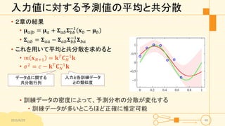入力値に対する予測値の平均と共分散
• ２章の結果
• 𝛍 𝑎|𝑏 = 𝛍 𝑎 + 𝚺 𝑎𝑏 𝚺 𝑏𝑏
−1
𝐱 𝑏 − 𝛍 𝑏
• 𝚺 𝑎𝑏 = 𝚺 𝑎𝑎 − 𝚺 𝑎𝑏 𝚺 𝑏𝑏
−1
𝚺 𝑏𝑎
• これを用いて平均と共分散を求めると
• 𝑚 𝐱 𝑁+1 = 𝐤 𝑇
𝐂 𝑁
−1
𝐤
• 𝜎2 = 𝑐 − 𝐤 𝑇 𝐂 𝑁
−1
𝐤
• 訓練データの密度によって、予測分布の分散が変化する
• 訓練データが多いところほど正確に推定可能
2015/6/29 48
入力と各訓練データ
との類似度
データ点に関する
共分散行列
 