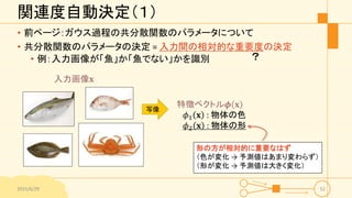 関連度自動決定（１）
• 前ページ：ガウス過程の共分散関数のパラメータについて
• 共分散関数のパラメータの決定 = 入力間の相対的な重要度の決定
• 例：入力画像が「魚」か「魚でない」かを識別
2015/6/29 52
入力画像𝐱
特徴ベクトル𝝓 𝐱
𝜙1 𝐱 : 物体の色
𝜙2 𝐱 : 物体の形
写像
形の方が相対的に重要なはず
（色が変化 → 予測値はあまり変わらず）
（形が変化 → 予測値は大きく変化）
？
 