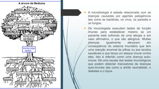  A microbiologia é estada relacionada com as
doenças causadas por agentes patogénicos
tais como as bactérias, os vírus, os parasita e
os fungos.
 Os imunologista executam testes de função
imunes para estabelecer mesmo se um
paciente está sofrendo de uma alergia e em
caso afirmativo, o que são alérgicos. Muitas
doenças igualmente elevaram em
conseqüência do sistema imunitário que tem
uma reacção anormal às pilhas ou aos tecidos
saudáveis e que lança um ataque imune contra
eles. Isto é referido como uma doença auto-
imune. Há uma escala dos testes imunológicos
que podem detectar marcadores de doenças
auto-imunes tais como a artrite reumatóide, o
diabetes e o lúpus.
 
