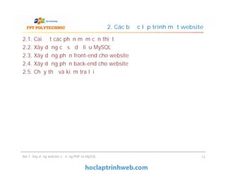 2.1. Cài đặt các phần mềm cần thiết
2.2. Xây dựng cơ sở dữ liệu MySQL
2.3. Xây dựng phần front-end cho website
2.4. Xây dựng phần back-end cho website
2.5. Chạy thử và kiểm tra lỗi
2. Các bước lập trình một website
2.1. Cài đặt các phần mềm cần thiết
2.2. Xây dựng cơ sở dữ liệu MySQL
2.3. Xây dựng phần front-end cho website
2.4. Xây dựng phần back-end cho website
2.5. Chạy thử và kiểm tra lỗi
Bài 7: Xây dựng website sử dụng PHP và MySQL 12
 