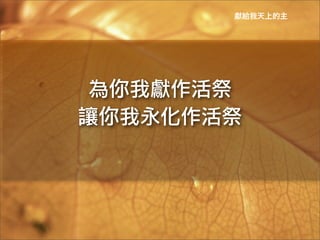 獻給我天上的主




 為你我獻作活祭
讓你我永化作活祭
 