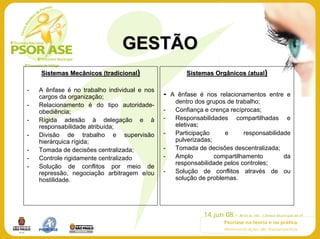 GESTÃO
    Sistemas Mecânicos (tradicional)                   Sistemas Orgânicos (atual)

-   A ênfase é no trabalho individual e nos
    cargos da organização;                    -   A ênfase é nos relacionamentos entre e
                                                   dentro dos grupos de trabalho;
-   Relacionamento é do tipo autoridade-
    obediência;                               -    Confiança e crença recíprocas;
-   Rígida adesão à delegação e à             -    Responsabilidades compartilhadas e
    responsabilidade atribuída;                    eletivas;
-   Divisão de trabalho e supervisão          -    Participação     e      responsabilidade
    hierárquica rígida;                            pulverizadas;
-   Tomada de decisões centralizada;          -    Tomada de decisões descentralizada;
-   Controle rigidamente centralizado         -    Amplo         compartilhamento        da
                                                   responsabilidade pelos controles;
-   Solução de conflitos por meio de
    repressão, negociação arbitragem e/ou     -    Solução de conflitos através de ou
    hostilidade.                                   solução de problemas.
 