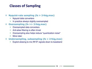 9 /31
Classes of Sampling
 Nyquist-rate sampling (fs > 2·fsig,max)
 Nyquist data converters
 In practice always slightly oversampled
 Oversampling (fs >> 2·fsig,max)
 Oversampled data converters
 Anti-alias filtering is often trivial
 Oversampling also helps reduce "quantization noise"
 More later
 Undersampling, subsampling (fs < 2·fsig,max)
 Exploit aliasing to mix RF/IF signals down to baseband
 