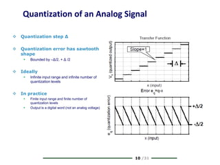 10 /31
Quantization of an Analog Signal
 Quantization step Δ
 Quantization error has sawtooth
shape
 Bounded by –Δ/2, + Δ /2
 Ideally
 Infinite input range and infinite number of
quantization levels
 In practice
 Finite input range and finite number of
quantization levels
 Output is a digital word (not an analog voltage)
 