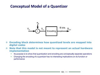 11 /31
Conceptual Model of a Quantizer
 Encoding block determines how quantized levels are mapped into
digital codes
 Note that this model is not meant to represent an actual hardware
implementation
 Its purpose is to show that quantization and encoding are conceptually separate operations
 Changing the encoding of a quantizer has no interesting implications on its function or
performance
 
