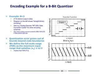 12 /31
Encoding Example for a B-Bit Quantizer
 Example: B=3
 23=8 distinct output codes
 Diagram on the left shows "straight-binary
encoding“
 See e.g. Analog Devices "MT-009: Data
Converter Codes" for other encoding
schemes
 http://www.analog.com/en/content/0,2886,760%255
F788%255F91285,000
 Quantization error grows out of
bounds beyond code boundaries
 We define the full scale range
(FSR) as the maximum input
range that satisfies |eq| ≤ Δ/2
 Implies that FSR=2B·Δ
 