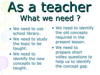 As a teacher   What we need ? We need to use school library. We need to study the topic to be taught. We need to identify the new concepts to be taught. We need to identify the old concepts required in the present lesson. We need to prepare short volley questions to help us to identify the concept gap. 
