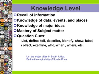 Knowledge Level Recall of information Knowledge of data, events, and places Knowledge of major ideas Mastery of Subject matter Question Cues:  List, define, tell, describe, identify, show, label,  collect, examine, who, when , where, etc. List the major cities in South Africa .  Define the capital city of South Africa. 