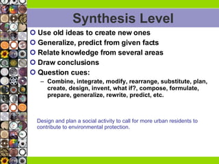 Synthesis Level Use old ideas to create new ones Generalize, predict from given facts Relate knowledge from several areas Draw conclusions Question cues:  Combine, integrate, modify, rearrange, substitute, plan, create, design, invent, what if?, compose, formulate, prepare, generalize, rewrite, predict, etc.  Design and plan a social activity to call for more urban residents to  contribute to environmental protection.  