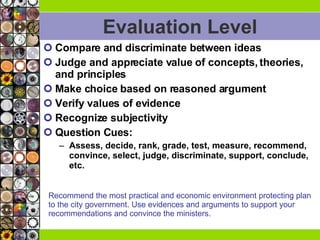 Evaluation Level Compare and discriminate between ideas Judge and appreciate value of concepts, theories, and principles Make choice based on reasoned argument Verify values of evidence Recognize subjectivity  Question Cues:  Assess, decide, rank, grade, test, measure, recommend, convince, select, judge, discriminate, support, conclude, etc.  Recommend the most practical and economic environment protecting plan to the city government. Use evidences and arguments to support your recommendations and convince the ministers.   