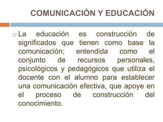 COMUNICACIÓN Y EDUCACIÓN

   La educación es construcción de
    significados que tienen como base la
    comunicación;    entendida    como     el
    conjunto    de   recursos    personales,
    psicológicos y pedagógicos que utiliza el
    docente con el alumno para establecer
    una comunicación efectiva, que apoye en
    el    proceso   de    construcción    del
    conocimiento.
 