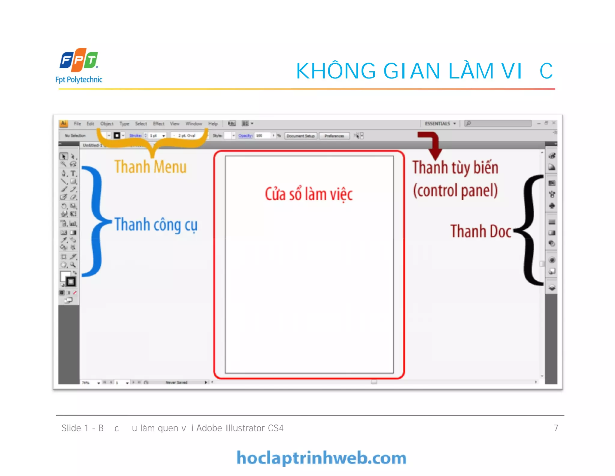 KHÔNG GIAN LÀM VIỆC
Slide 1 - Bước đầu làm quen với Adobe Illustrator CS4 7
 