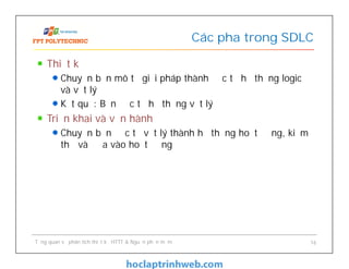 Thiết kế
Chuyển bản mô tả giải pháp thành đặc tả hệ thống logic
và vật lý
Kết quả: Bản đặc tả hệ thống vật lý
Triển khai và vận hành
Chuyển bản đặc tả vật lý thành hệ thống hoạt động, kiểm
thử và đưa vào hoạt động
Các pha trong SDLC
Tổng quan về phân tích thiết kế HTTT & Nguồn phần mềm 16
 