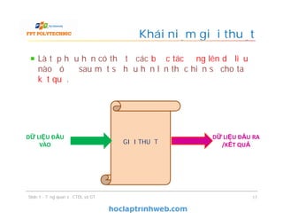 Là tập hữu hạn có thứ tự các bước tác động lên dữ liệu
nào đó để sau một số hữu hạn lần thực hiện sẽ cho ta
kết quả.
Khái niệm giải thuật
17
GIẢI THUẬT
DỮ LIỆU ĐẦU RA
/KẾT QUẢ
DỮ LIỆU ĐẦU
VÀO
Slide 1 - Tổng quan về CTDL và GT
 