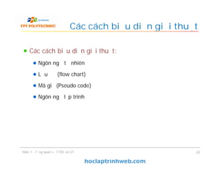 Các cách biểu diễn giải thuật:
Ngôn ngữ tự nhiên
Lưu đồ (flow chart)
Mã giả (Pseudo code)
Ngôn ngữ lập trình
Các cách biểu diễn giải thuật
20Slide 1 - Tổng quan về CTDL và GT
 