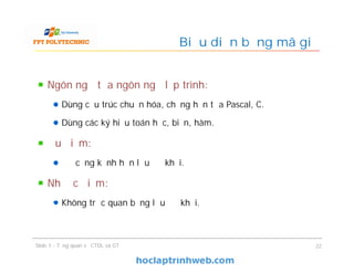Ngôn ngữ tựa ngôn ngữ lập trình:
Dùng cấu trúc chuẩn hóa, chẳng hạn tựa Pascal, C.
Dùng các ký hiệu toán học, biến, hàm.
Ưu điểm:
Đỡ cồng kềnh hơn lưu đồ khối.
Nhược điểm:
Không trực quan bằng lưu đồ khối.
22
Biểu diễn bằng mã giả
Slide 1 - Tổng quan về CTDL và GT
 
