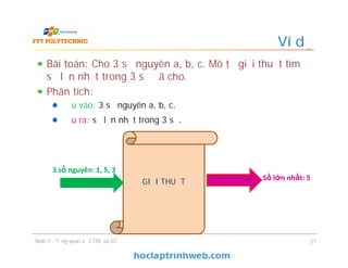 Bài toán: Cho 3 số nguyên a, b, c. Mô tả giải thuật tìm
số lớn nhất trong 3 số đã cho.
Phân tích:
Đầu vào: 3 số nguyên a, b, c.
Đầu ra: số lớn nhất trong 3 số.
Ví dụ
27
GIẢI THUẬT
3 số nguyên: 1, 5, 3
Số lớn nhất: 5
Slide 1 - Tổng quan về CTDL và GT
 