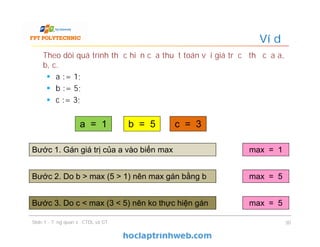 Ví dụ
Theo dõi quá trình thực hiện của thuật toán với giá trị cụ thể của a,
b, c.
 a := 1;
 b := 5;
 c := 3;
a = 1 b = 5 c = 3
Bước 1. Gán giá trị của a vào biến max max = 1
Bước 2. Do b > max (5 > 1) nên max gán bằng b max = 5
Bước 3. Do c < max (3 < 5) nên ko thực hiện gán max = 5
30Slide 1 - Tổng quan về CTDL và GT
 