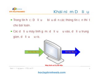 Trong tin học: Dữ liệu để biểu diễn các thông tin cần thiết
cho bài toán.
Các dữ liệu máy tính gồm: dữ liệu đầu vào, dữ liệu trung
gian, dữ liệu đầu ra.
Khái niệm Dữ liệu
4Slide 1 - Tổng quan về CTDL và GT
 