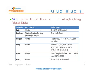 Ví dụ: một số kiểu dữ liệu cơ sở được định nghĩa trong
Visual Basic:
Kiểu dữ liệu cơ sở
9Slide 1 - Tổng quan về CTDL và GT
Tên kiểu Kích thước Miền giá trị
Byte 1 byte 0 -> 255 (không dấu)
Boolean Tùy thuộc vào nền tảng
(thường là 1 byte)
True hoặc False
Integer 4 byte -2,147,483,648 -> 2,147,483,647
(có dấu)
Long 8 byte -9,223,372,036,854,775,808 ->
9,223,372,036,854,775,807
(9.2...E+18 †) (có dấu)
Date 8 byte 0:00:00 ngày 1/1/0001 tới 11:59:59
ngày 31/12/9999
Char 2 byte 0 -> 65535 (không dấu)
 