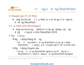 Đối tượng sử dụng SharePoint
Chuyên gia IT (IT Pro)
Đóng vai trò cài đặt, cấu hình, bảo trì và quản trị toàn bộ
hệ thống SharePoint
Lập trình viên (Developer)
Đóng vai trò là người phát triển các giải pháp, các ứng
dụng được tùy biến trên SharePoint 2010
Người dùng
Người dùng thông thường
Là đối tượng chính sử dụng SharePoint và các giải pháp
SharePoint được cung cấp bởi chuyên gia IT và lập trình viên
Người dùng chuyên sâu
Là người sử dụng SharePoint ngoài ra có thể tùy biến
SharePoint một cách dễ dàng sử dụng SharePoint Designer
Chuyên gia IT (IT Pro)
Đóng vai trò cài đặt, cấu hình, bảo trì và quản trị toàn bộ
hệ thống SharePoint
Lập trình viên (Developer)
Đóng vai trò là người phát triển các giải pháp, các ứng
dụng được tùy biến trên SharePoint 2010
Người dùng
Người dùng thông thường
Là đối tượng chính sử dụng SharePoint và các giải pháp
SharePoint được cung cấp bởi chuyên gia IT và lập trình viên
Người dùng chuyên sâu
Là người sử dụng SharePoint ngoài ra có thể tùy biến
SharePoint một cách dễ dàng sử dụng SharePoint Designer
SharePoint 2010 và xây dựng giải pháp cho SharePoint 2010 12
 