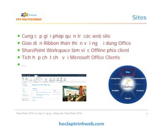 Sites
Cung cấp giải pháp quản trị các web site
Giao diện Ribbon thân thiện với người dùng Office
SharePoint Workspace làm việc Offline phía client
Tích hợp chặt chẽ với Microsoft Office Clients
…
Cung cấp giải pháp quản trị các web site
Giao diện Ribbon thân thiện với người dùng Office
SharePoint Workspace làm việc Offline phía client
Tích hợp chặt chẽ với Microsoft Office Clients
…
SharePoint 2010 và xây dựng giải pháp cho SharePoint 2010 6
 