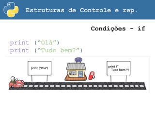 Estruturas de Controle e rep.
print (“Olá”)
print (“Tudo bem?”)
Condições - if
 