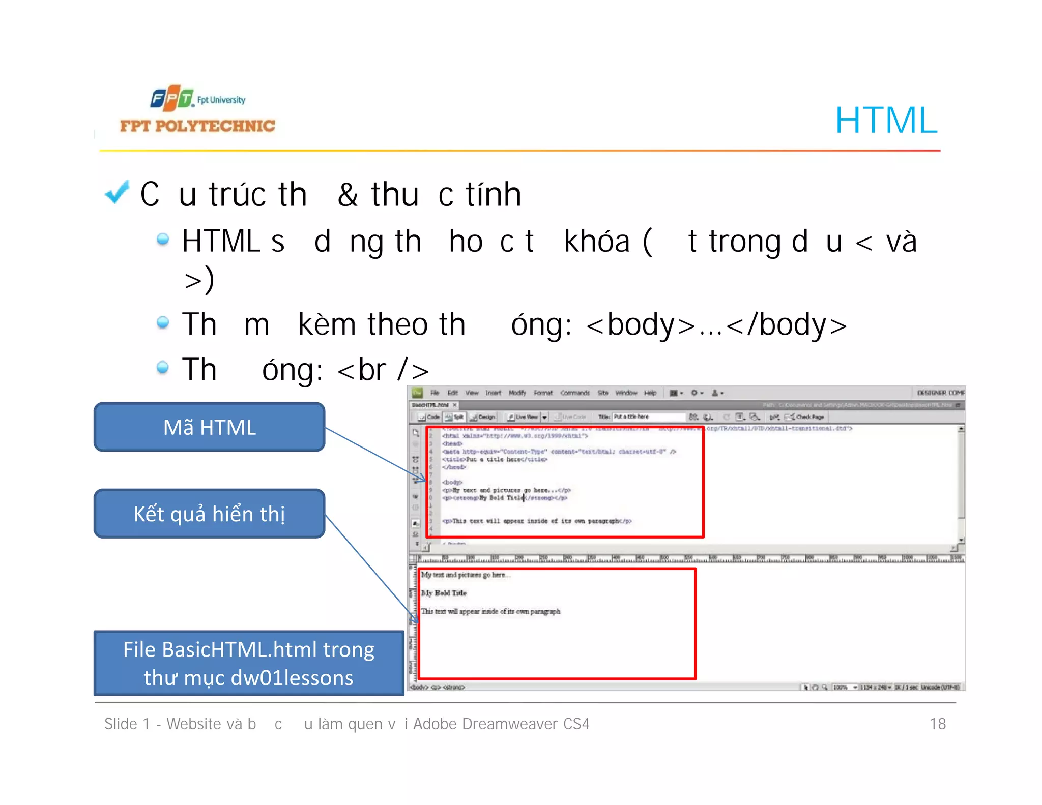 HTML
Cấu trúc thẻ & thuộc tính
HTML sử dụng thẻ hoặc từ khóa (đặt trong dấu < và
>)
Thẻ mở kèm theo thẻ đóng: <body>…</body>
Thẻ đóng: <br />
Slide 1 - Website và bước đầu làm quen với Adobe Dreamweaver CS4 18
File BasicHTML.html trong
thư mục dw01lessons
Mã HTML
Kết quả hiển thị
 