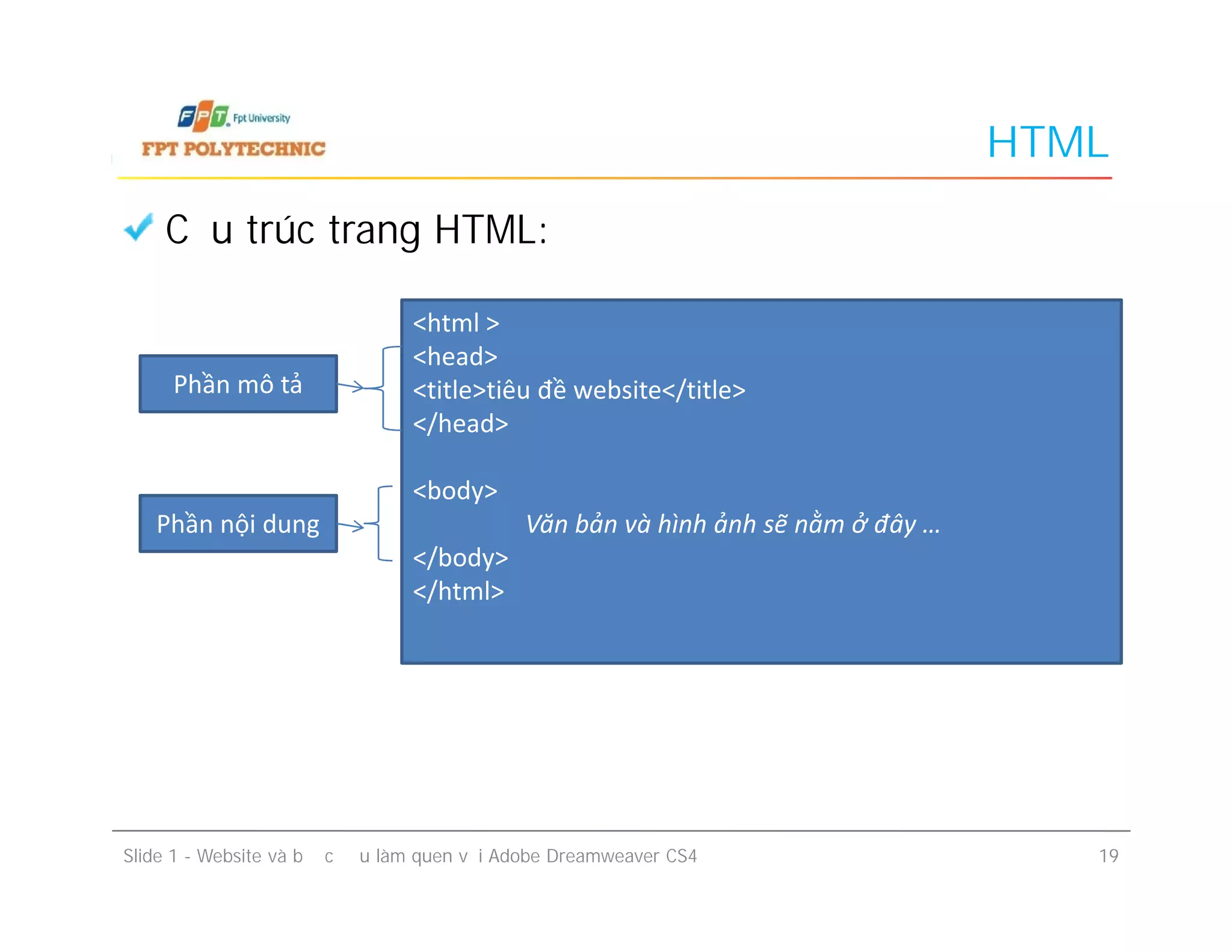 HTML
Cấu trúc trang HTML:
<html >
<head>
<title>tiêu đề website</title>
</head>
<body>
Văn bản và hình ảnh sẽ nằm ở đây …
</body>
</html>
Phần mô tả
Slide 1 - Website và bước đầu làm quen với Adobe Dreamweaver CS4 19
<html >
<head>
<title>tiêu đề website</title>
</head>
<body>
Văn bản và hình ảnh sẽ nằm ở đây …
</body>
</html>
Phần nội dung
 
