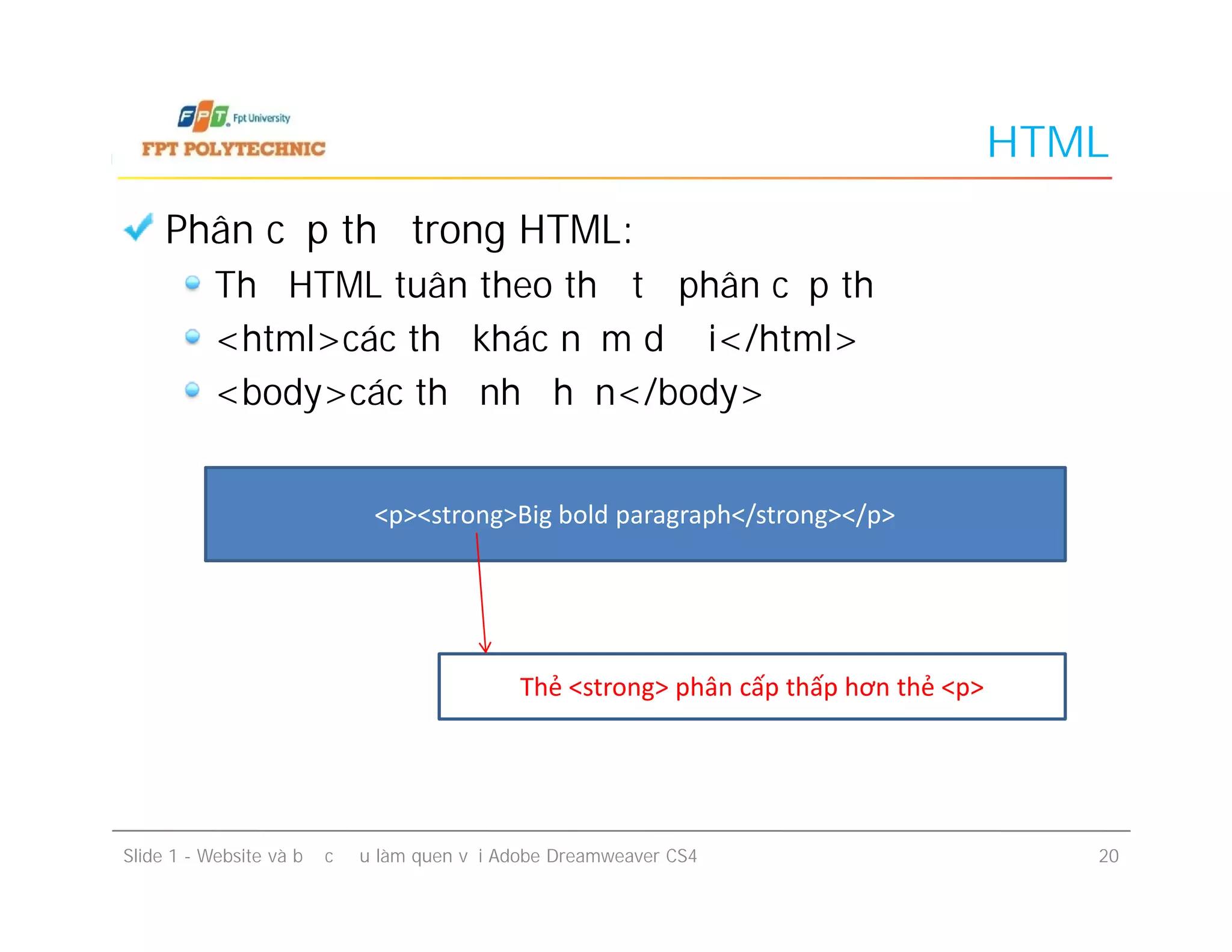 HTML
Phân cấp thẻ trong HTML:
Thẻ HTML tuân theo thứ tự phân cấp thẻ
<html>các thẻ khác nằm dưới</html>
<body>các thẻ nhỏ hơn</body>
Slide 1 - Website và bước đầu làm quen với Adobe Dreamweaver CS4 20
<p><strong>Big bold paragraph</strong></p>
Thẻ <strong> phân cấp thấp hơn thẻ <p>
 
