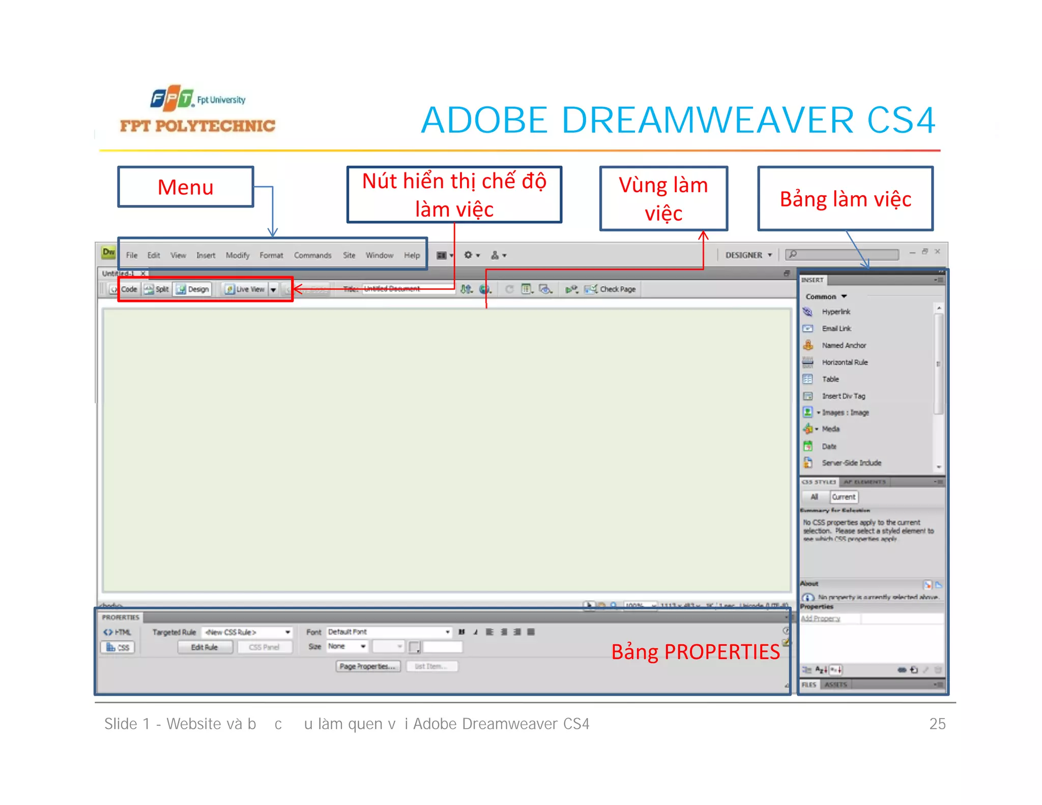 ADOBE DREAMWEAVER CS4
Menu Nút hiển thị chế độ
làm việc
Vùng làm
việc
Bảng làm việc
Slide 1 - Website và bước đầu làm quen với Adobe Dreamweaver CS4 25
Bảng PROPERTIES
 